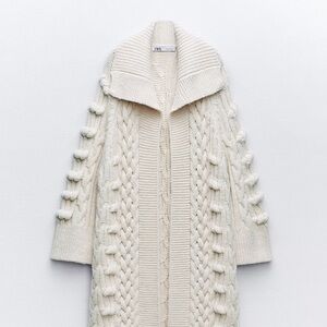 Zara Womens Cream Texturef Cable Knit Sweater/coat